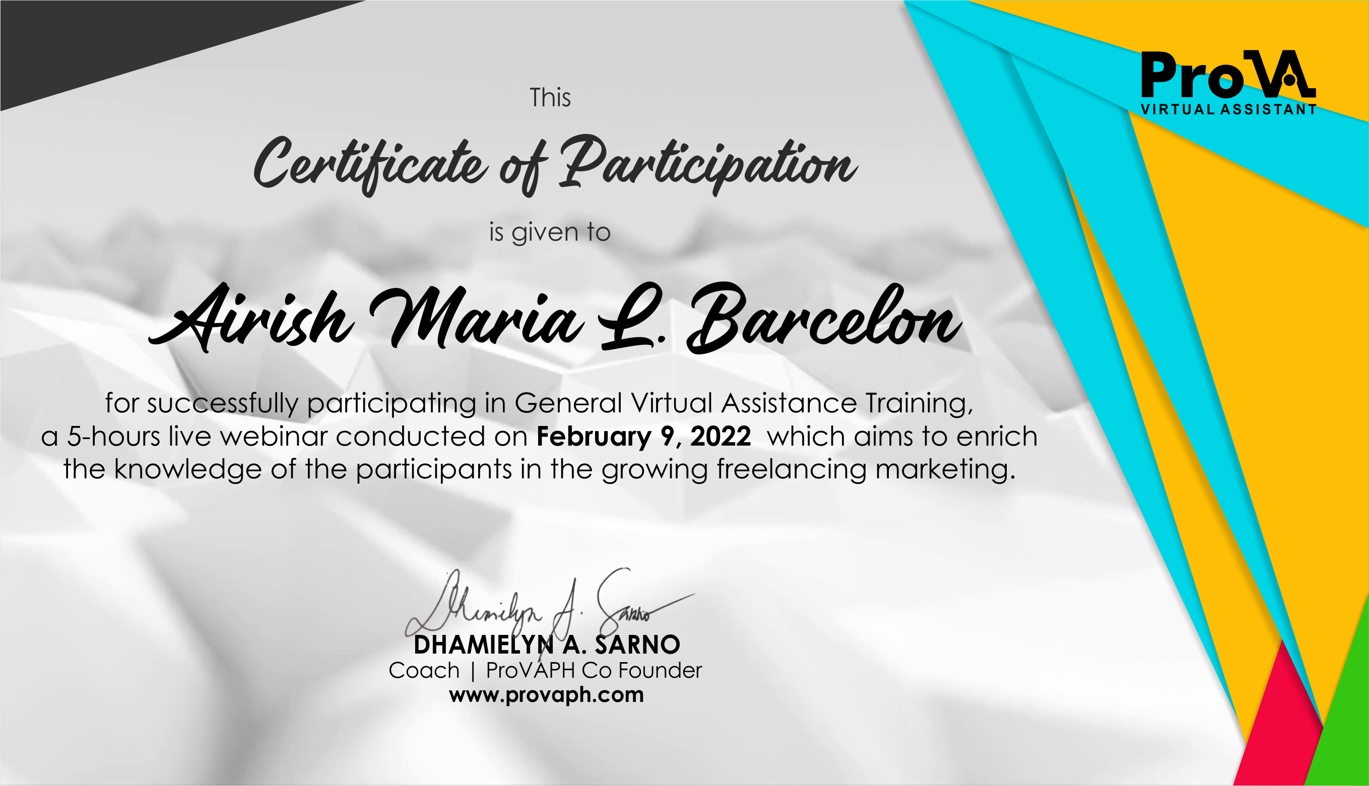 Virtual Assistant certificate