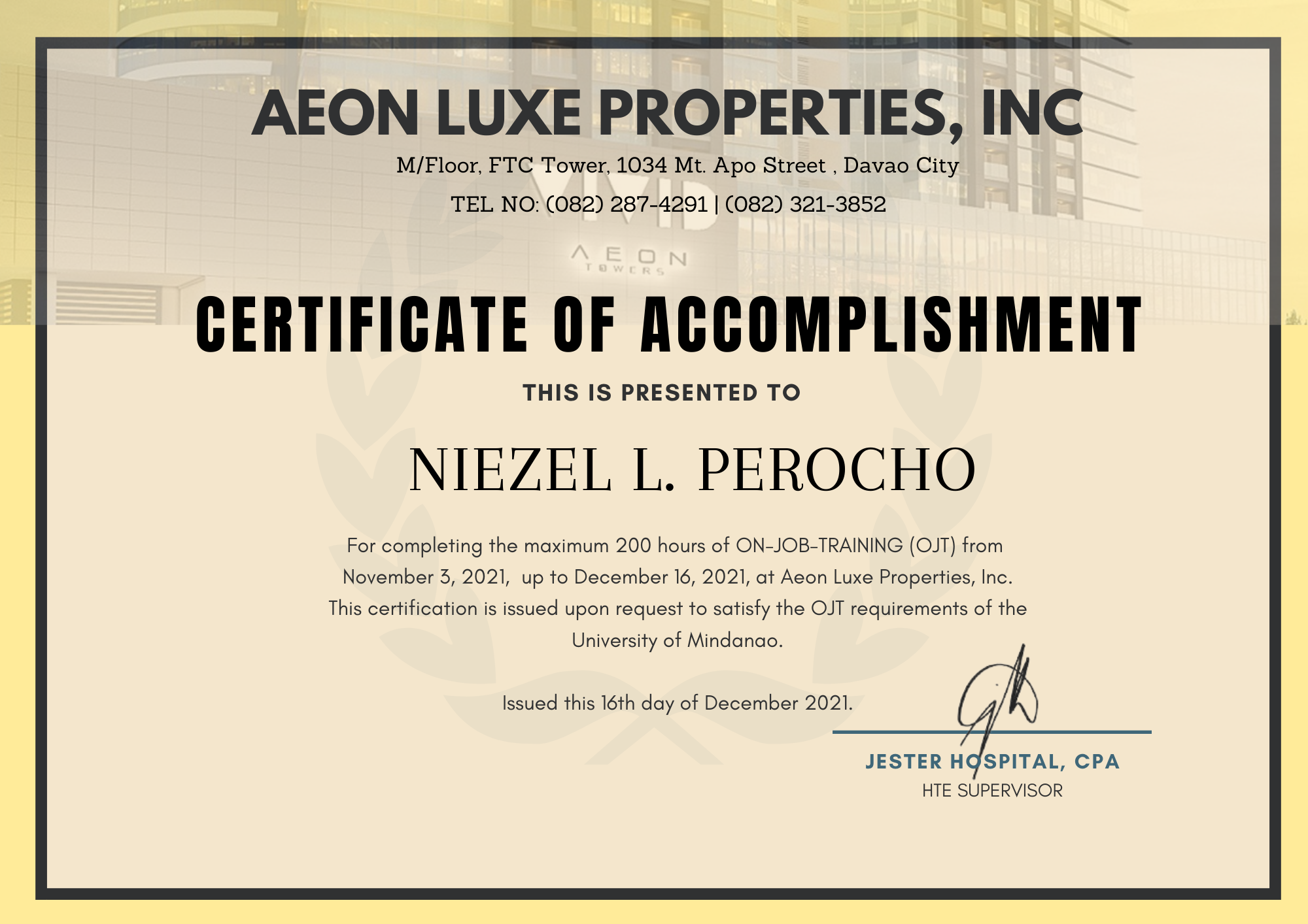 Certificate of Accomplishment (Aeon Luxe Properties Inc.)