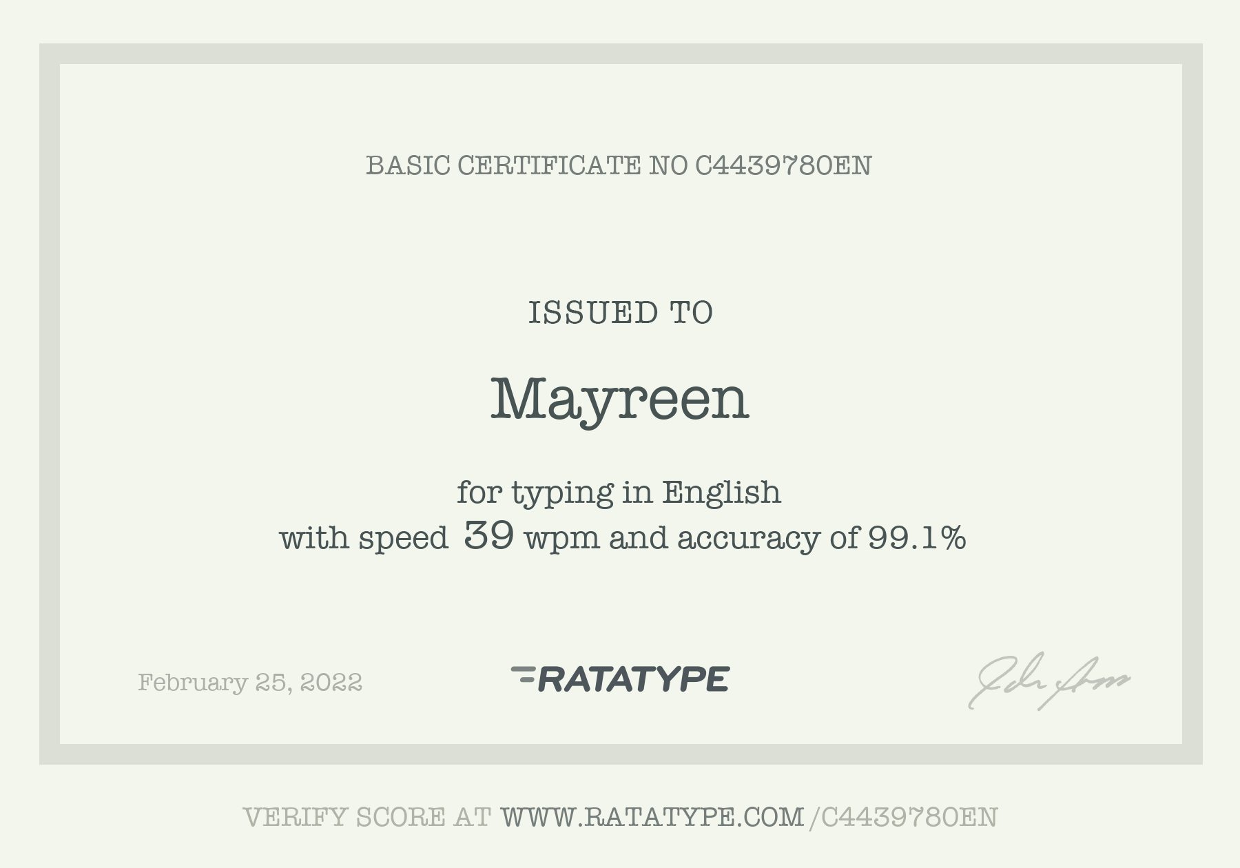 Typing Certificate
