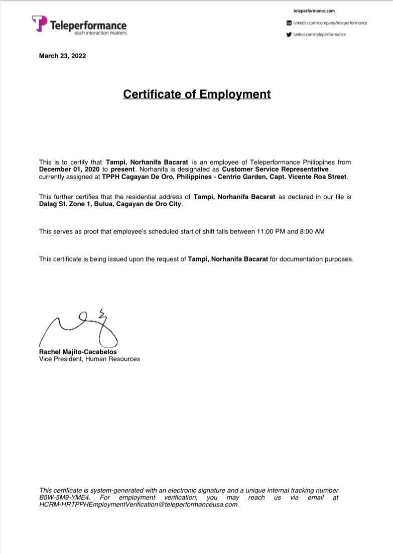 Certificate of Employment