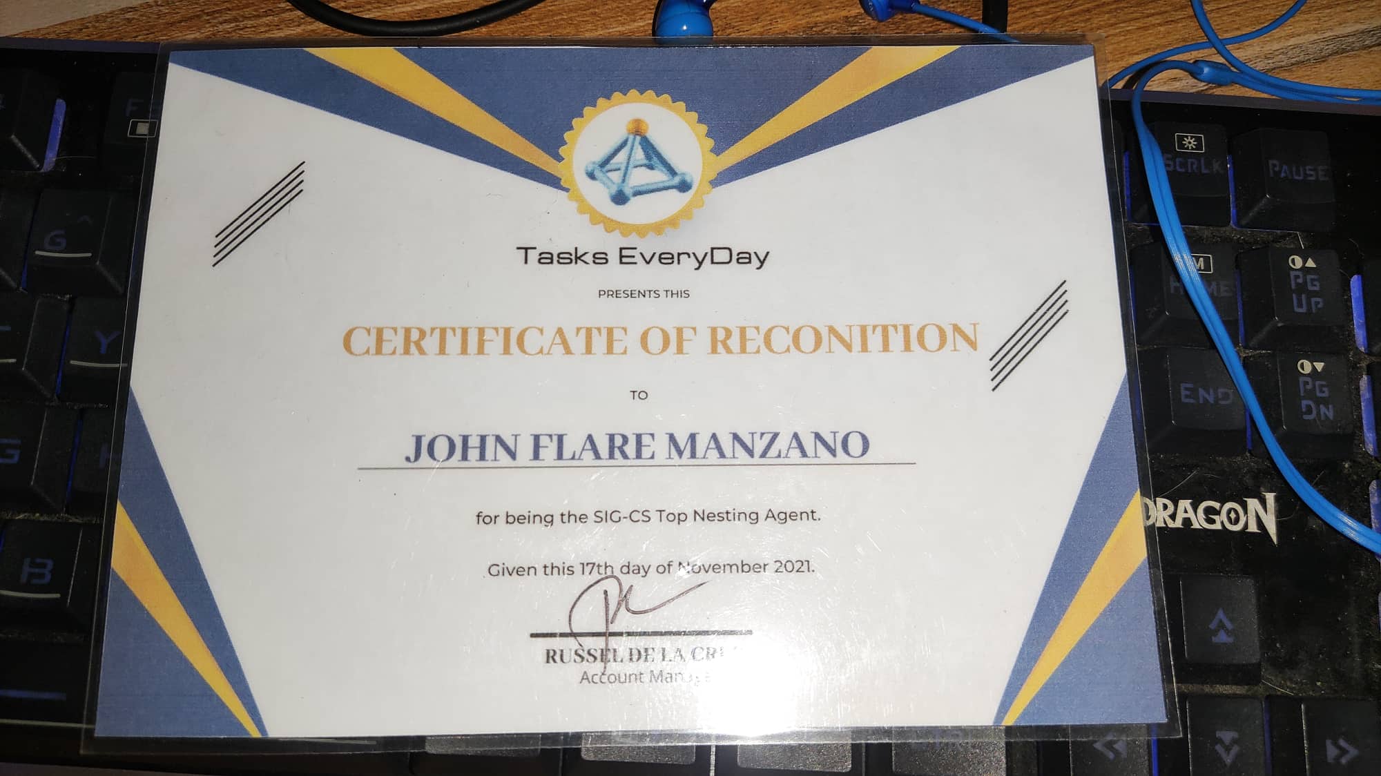 Certificate of Recognition in Tasks Everyday (Signifyd) 2021