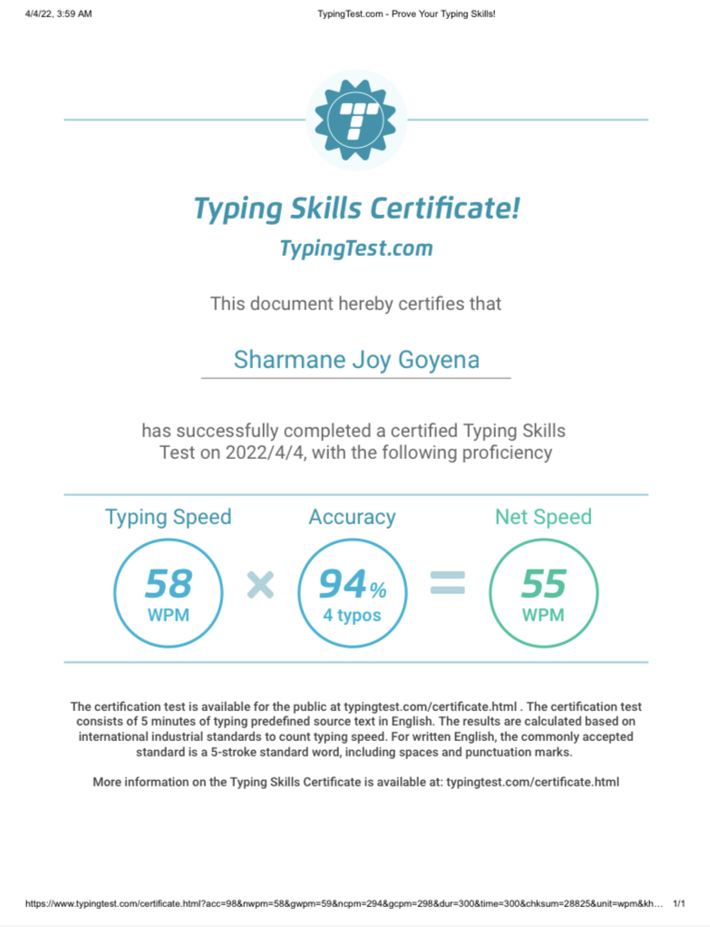 TYPING TEST CERTIFICATE