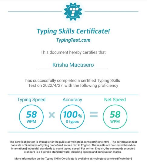 TYPING SKILL CERTIFICATE