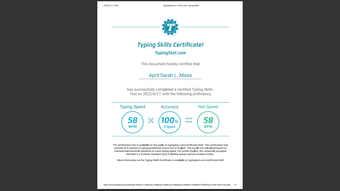 TYPING TEST CERTIFICATE