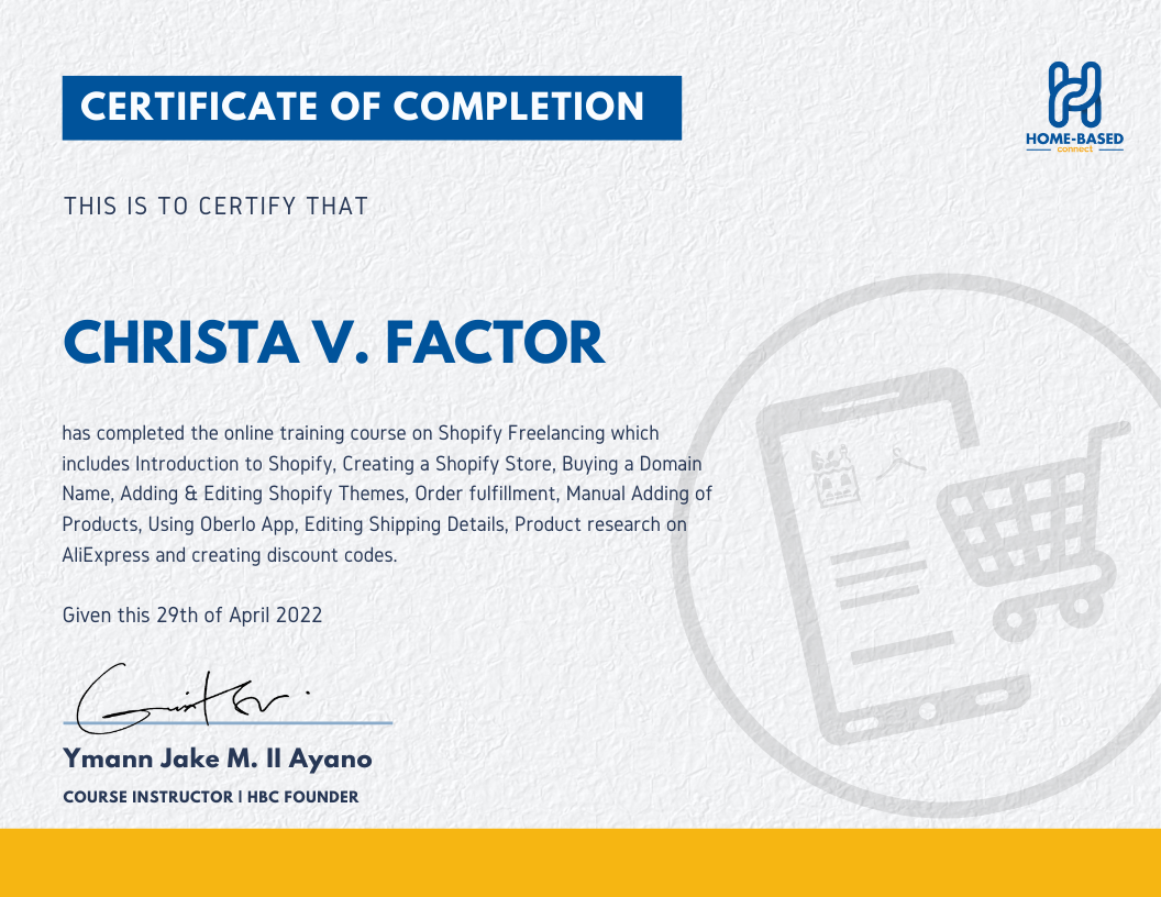 SHOPIFY FREELANCING  CERTIFICATE