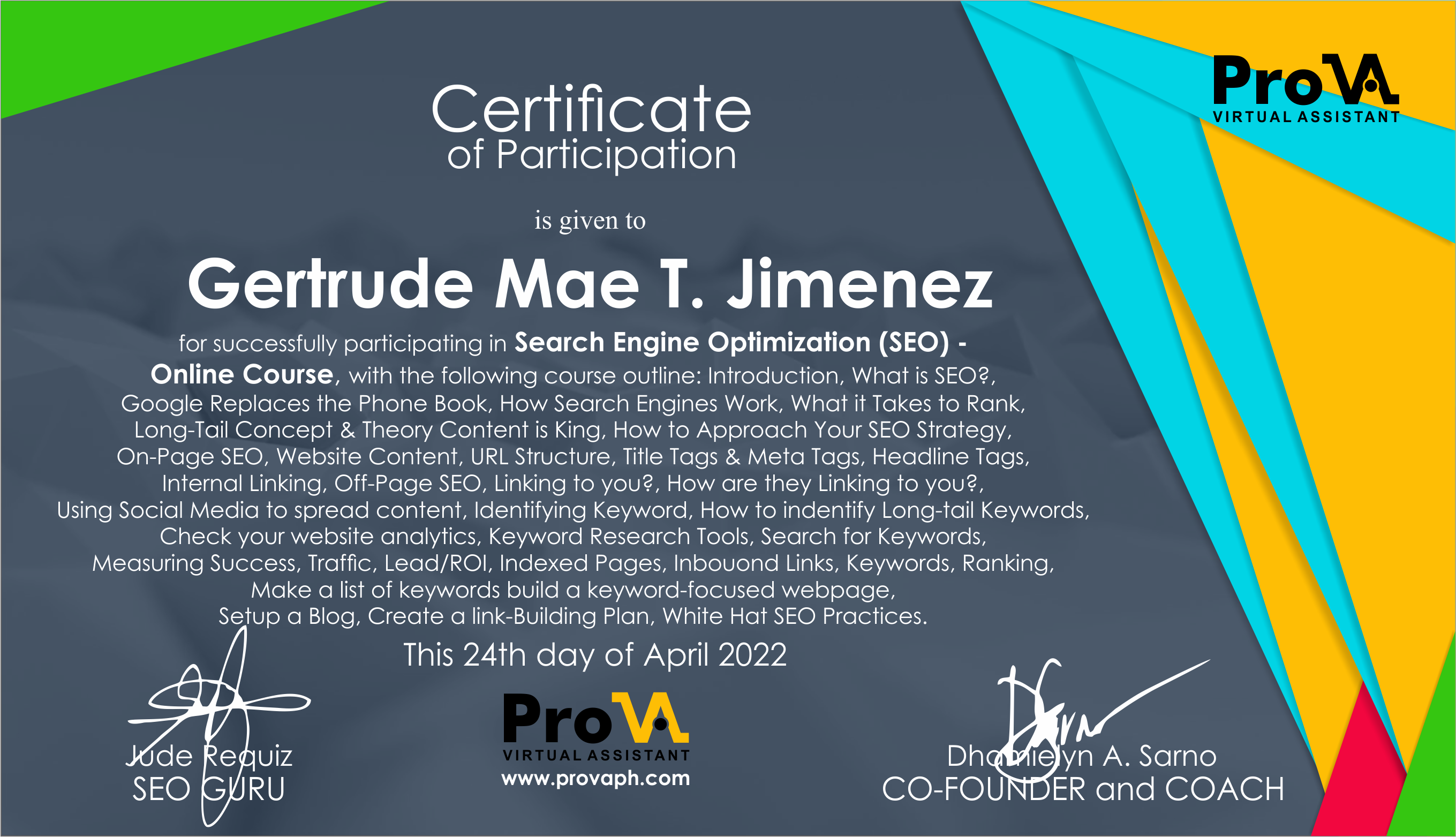 SEO Certificate of Participation