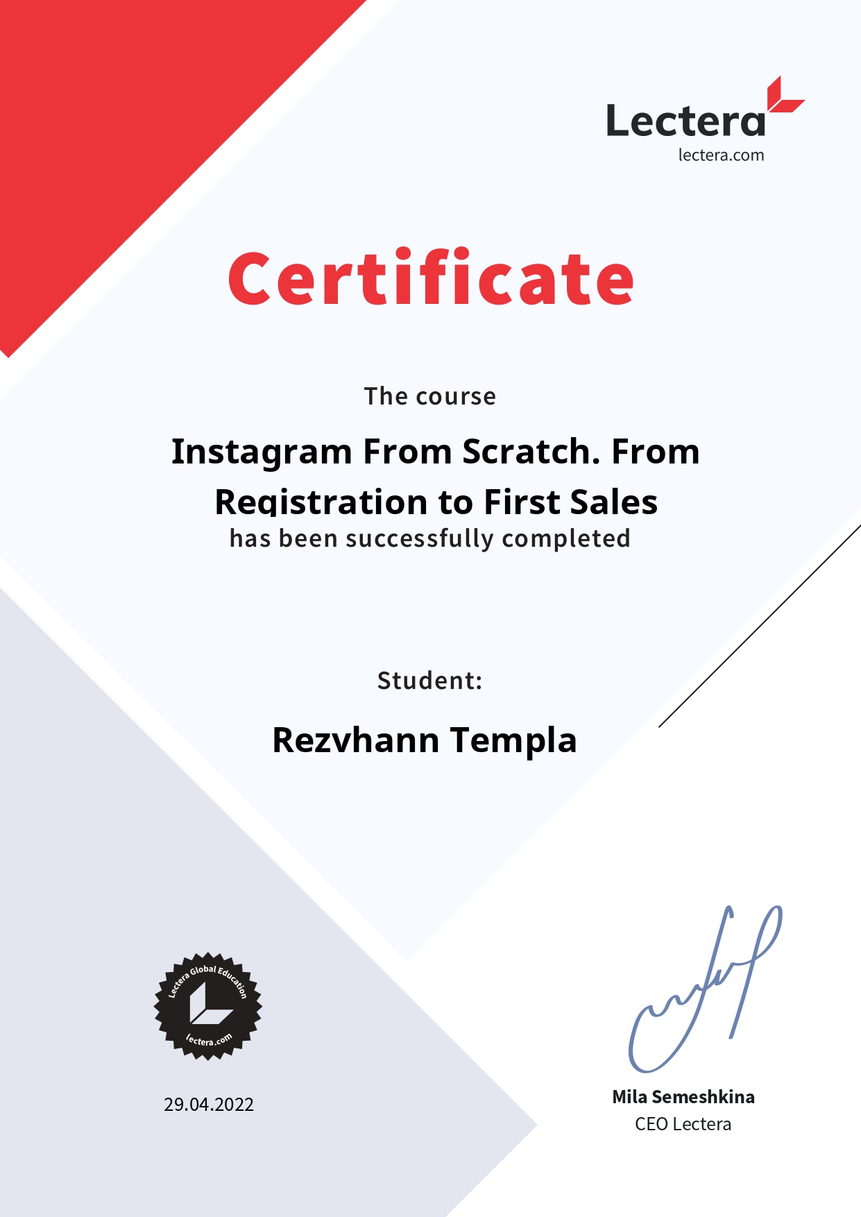 LECTERA Social Media Management (INSTAGRAM) COURSE CERTIFICATE