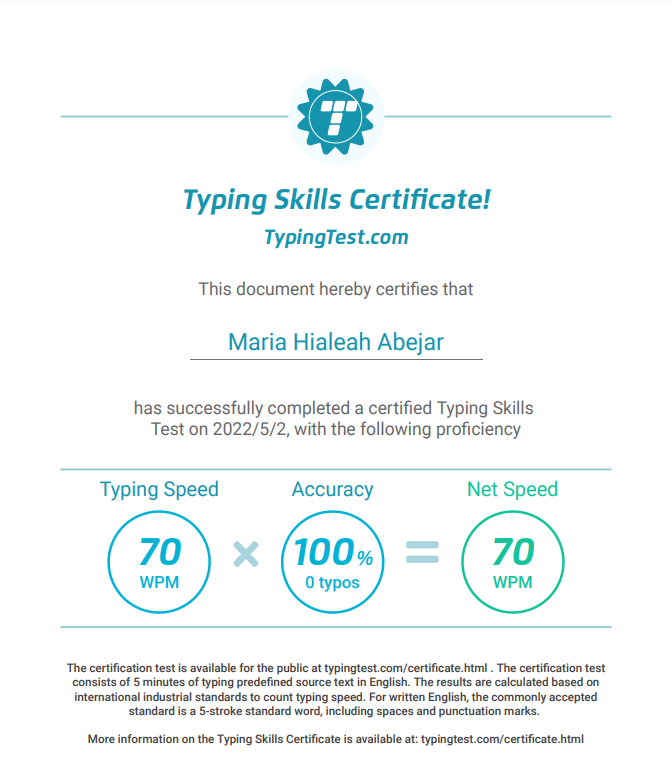 Typing Test Certificate
