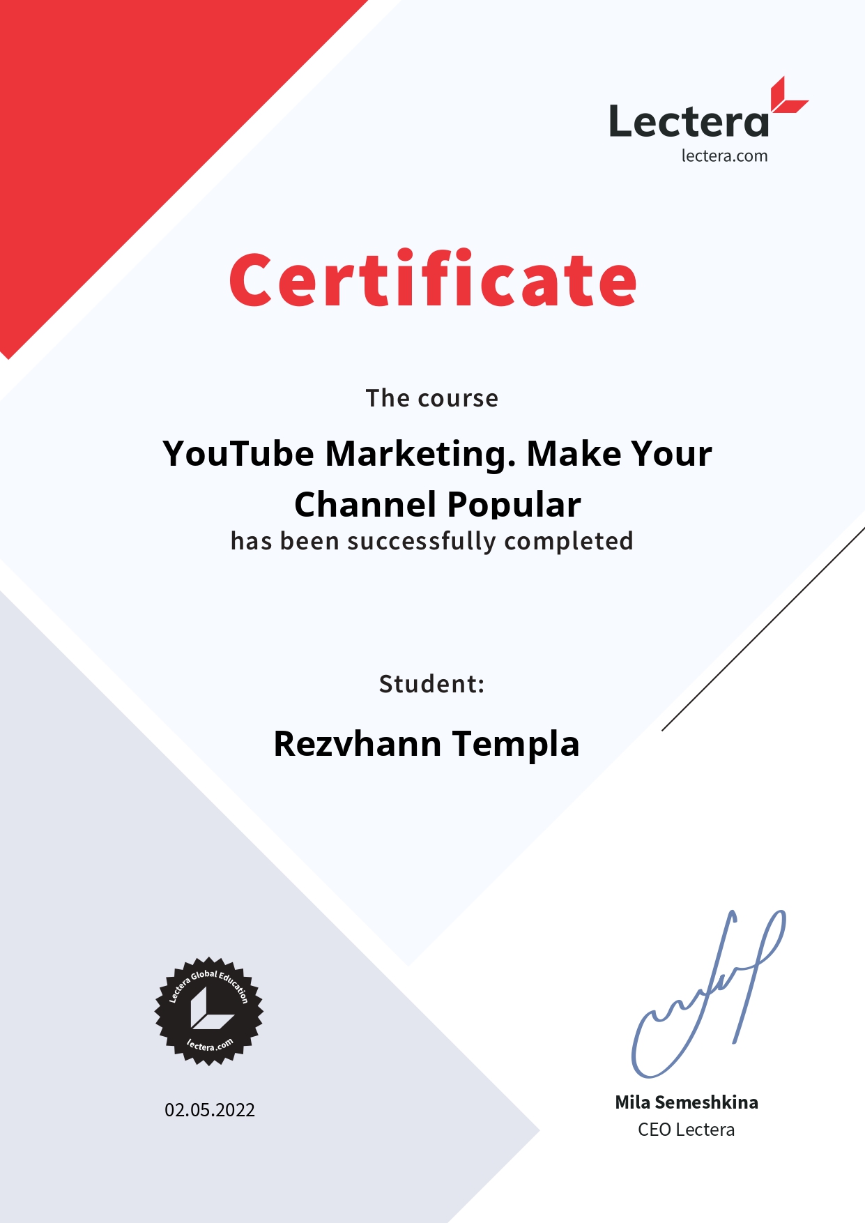 LECTERA YOUTUBE MARKETING CERTIFICATE jpg.