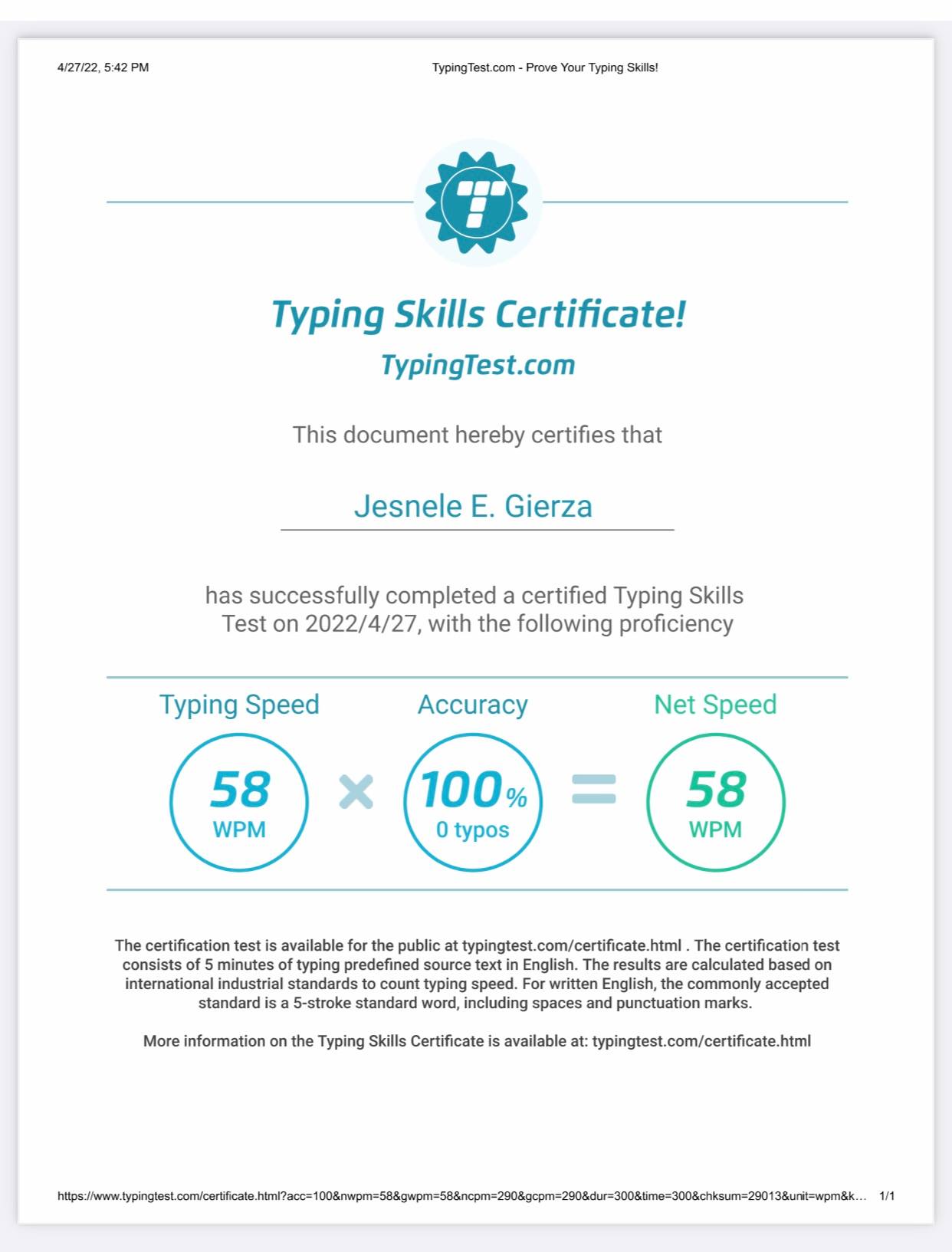 Typing Skills Certificate