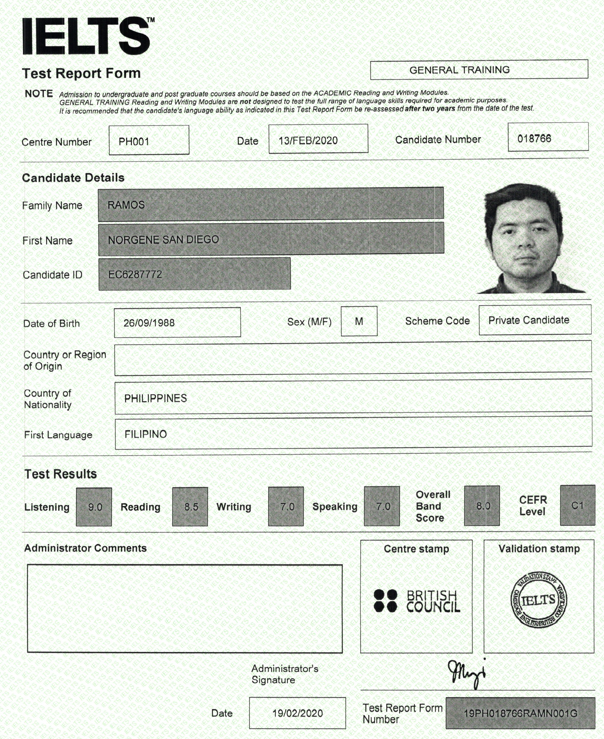 IELTS General Training Overall Band Score 8.0 - C1 (Advanced)