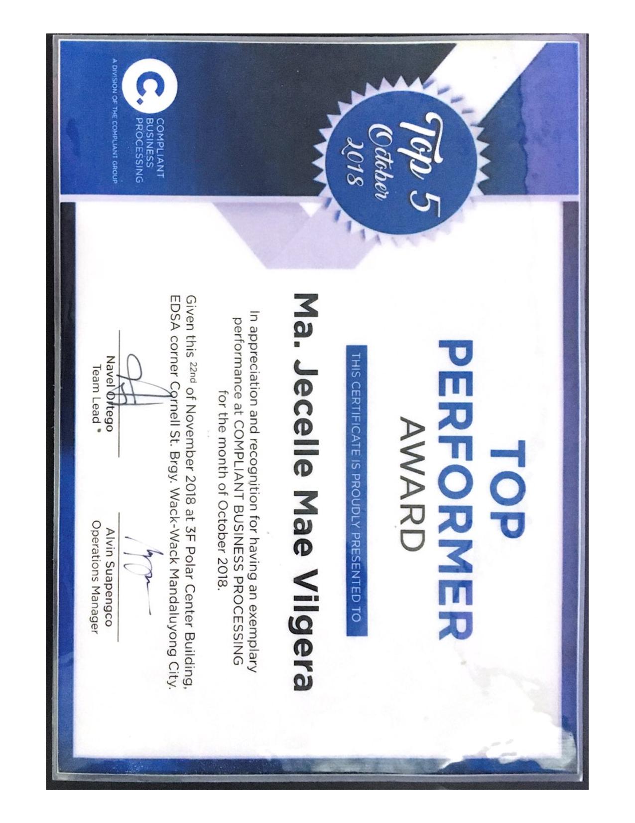 Top Performer Award October 2018