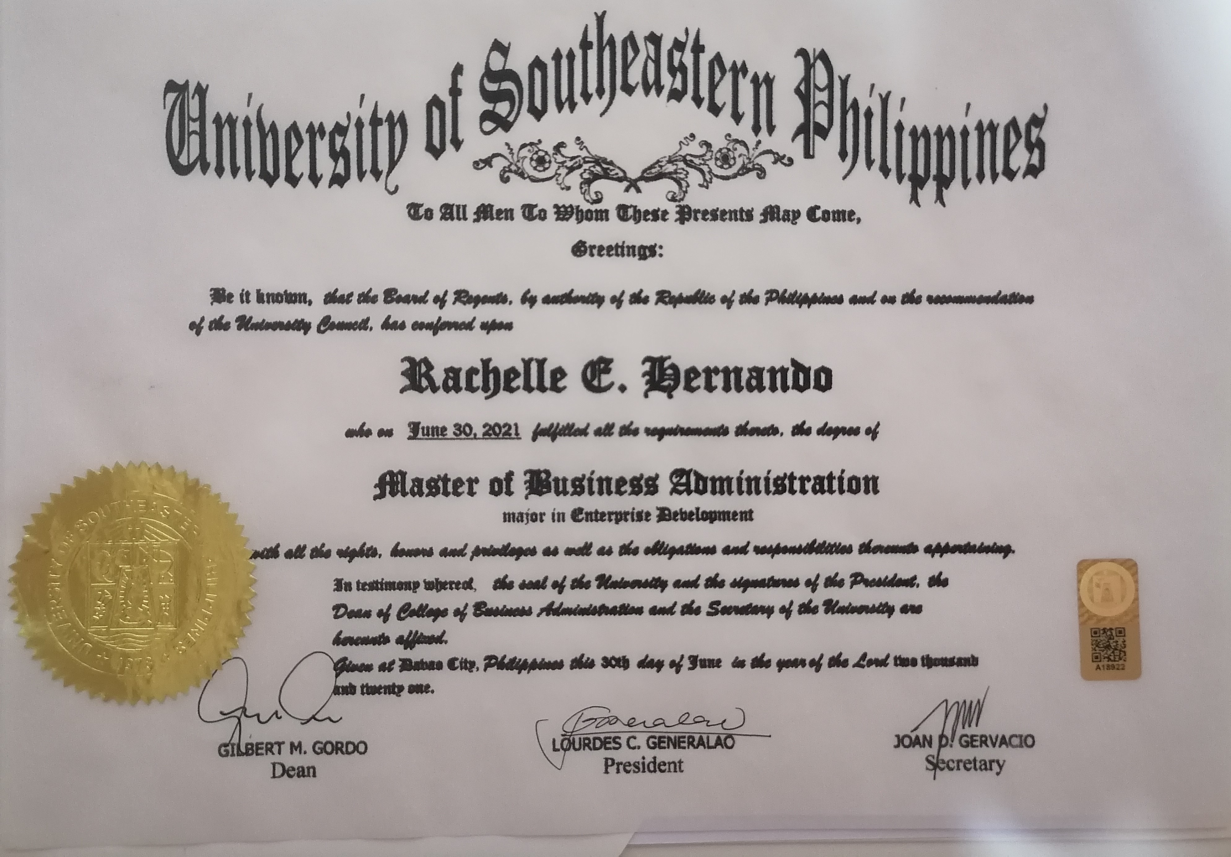 Masters in Business Administration Major in Enterprise Development Diploma