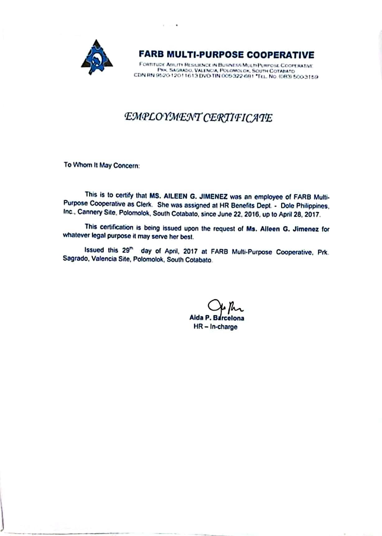Certificate of employment