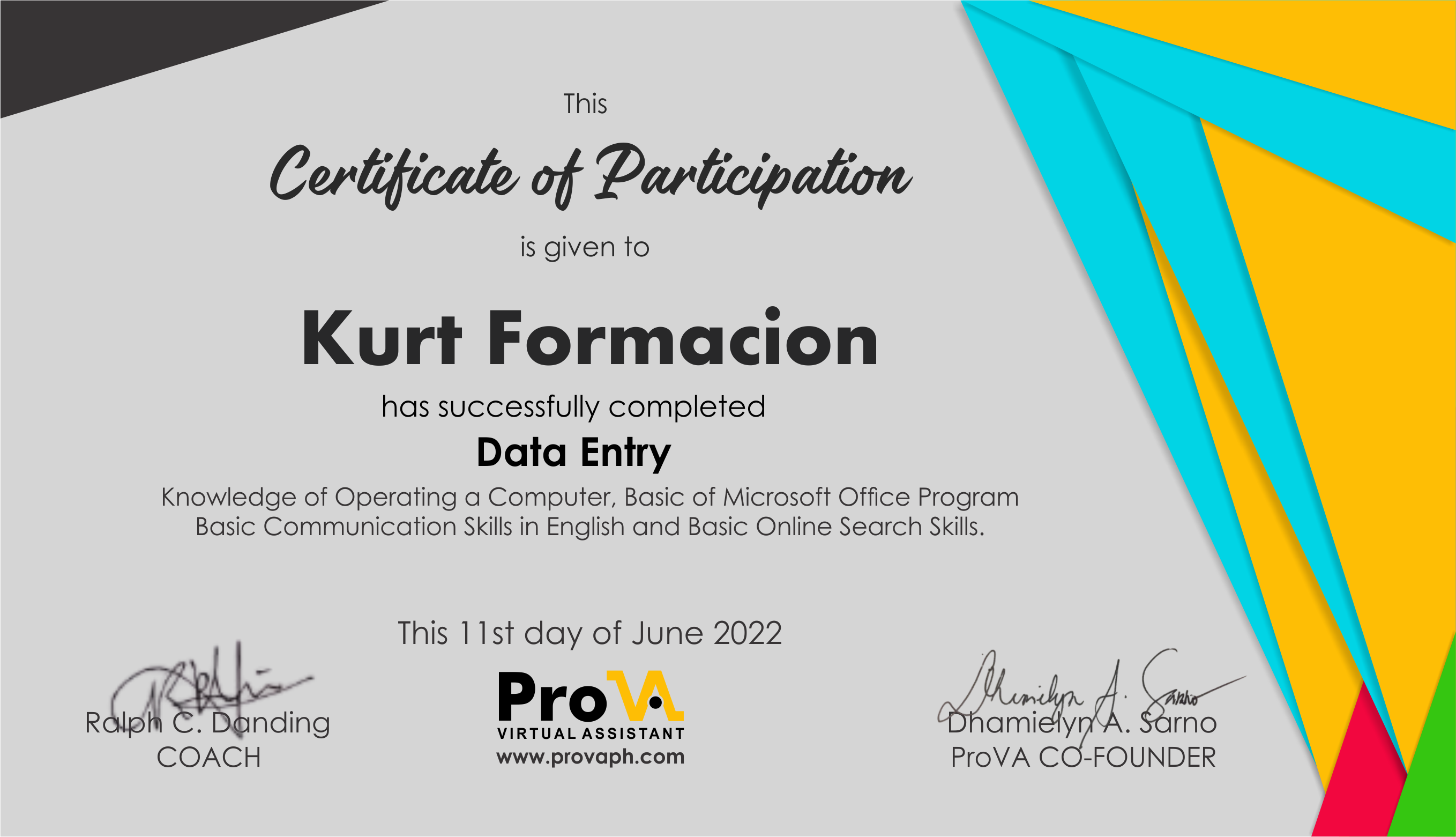 Data Entry Certificate