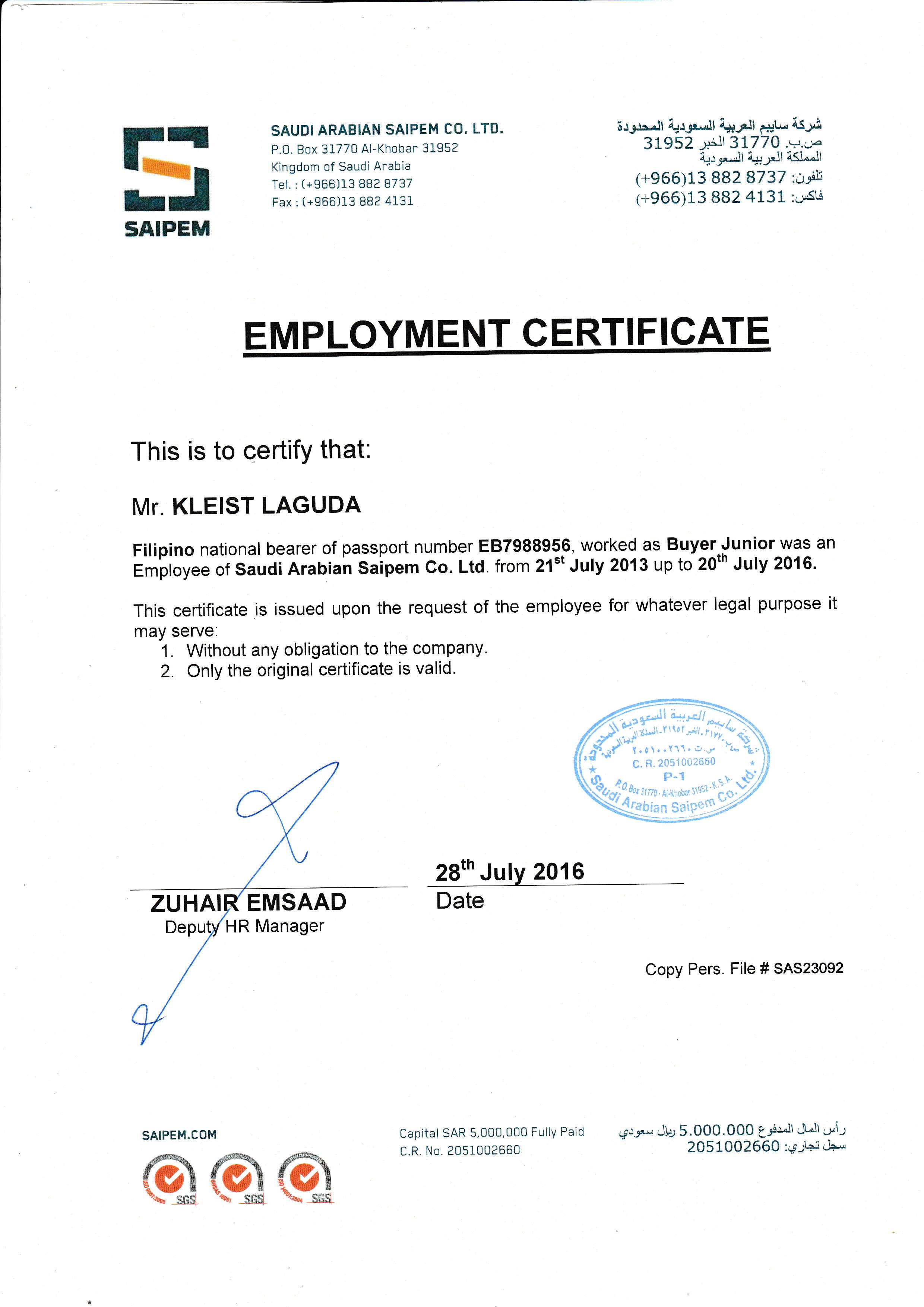 Certificate of Employment - Saudi Arabian Saipem