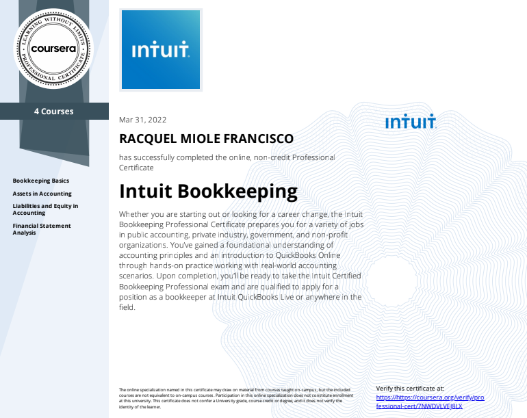 INTUIT BOOKEEPPING Certificate