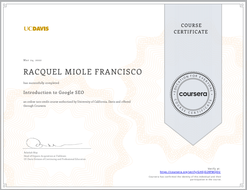 INTRODUCTION IN GOOGLE SEO Certificate