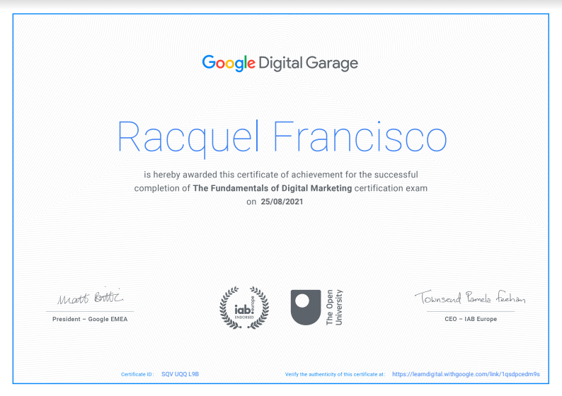 FOUNDATIONS OF DIGITAL MARKETING Certificate