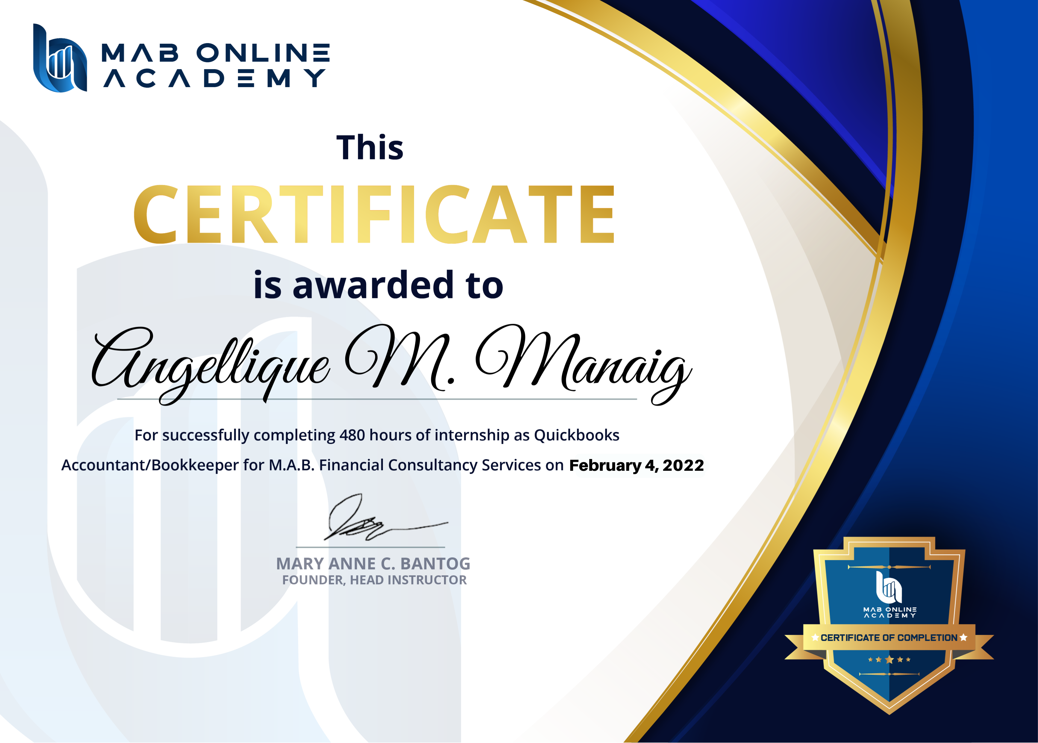 Virtual Bookkeeping OJT Certificate