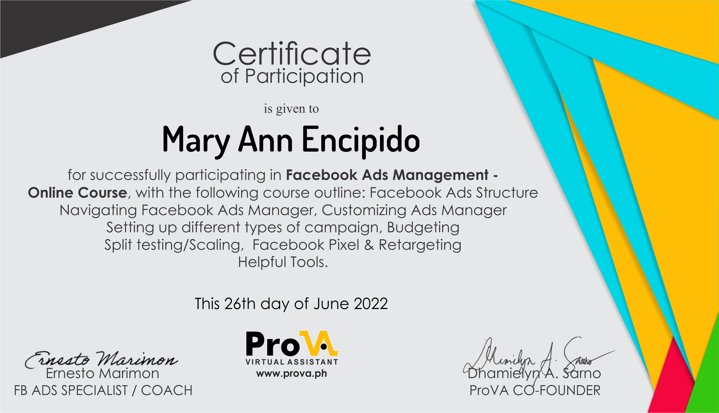 CERTIFICATE OF FACEBOOK ADS MANAGEMENT