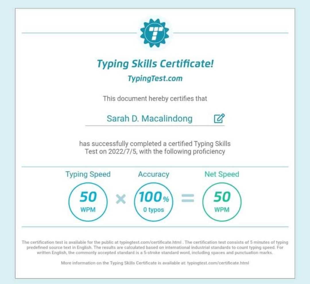 TYPING TEST CERTIFIICATE
