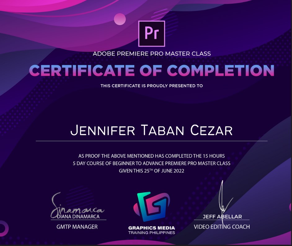 Certificate of Completion Adobe Premiere Pro Master Class