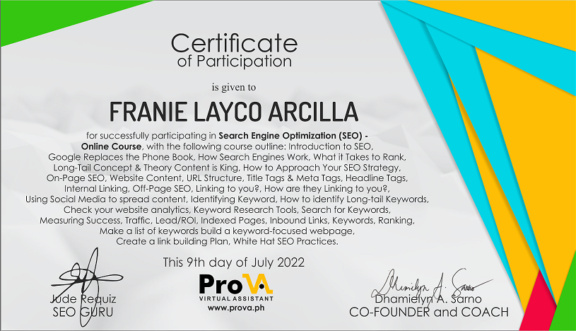 SEO IN DEPTH TRAINING CERTIFICATE