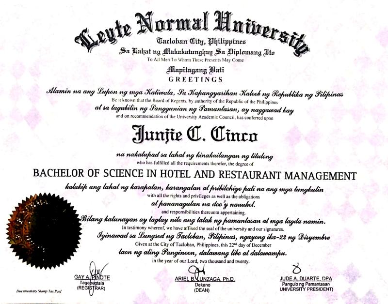 Bachelor of Science in Hotel in Restaurant Management(College Diploma)