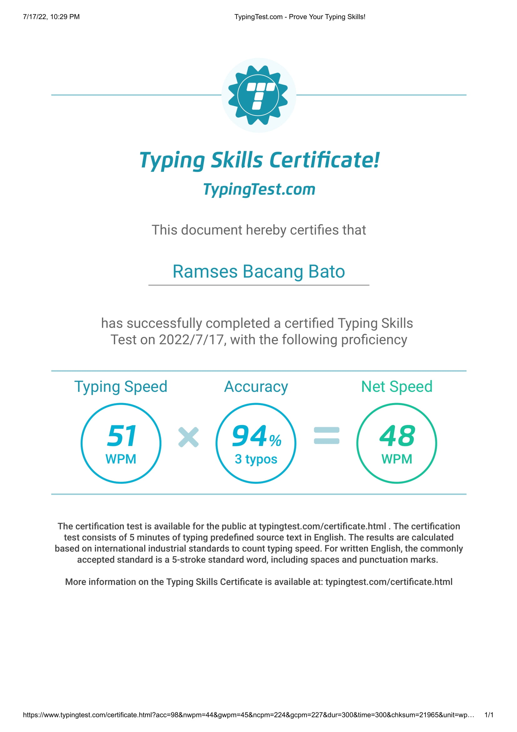 Typing Test Certificate
