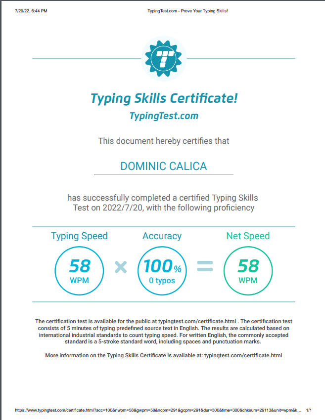 typing test certificate