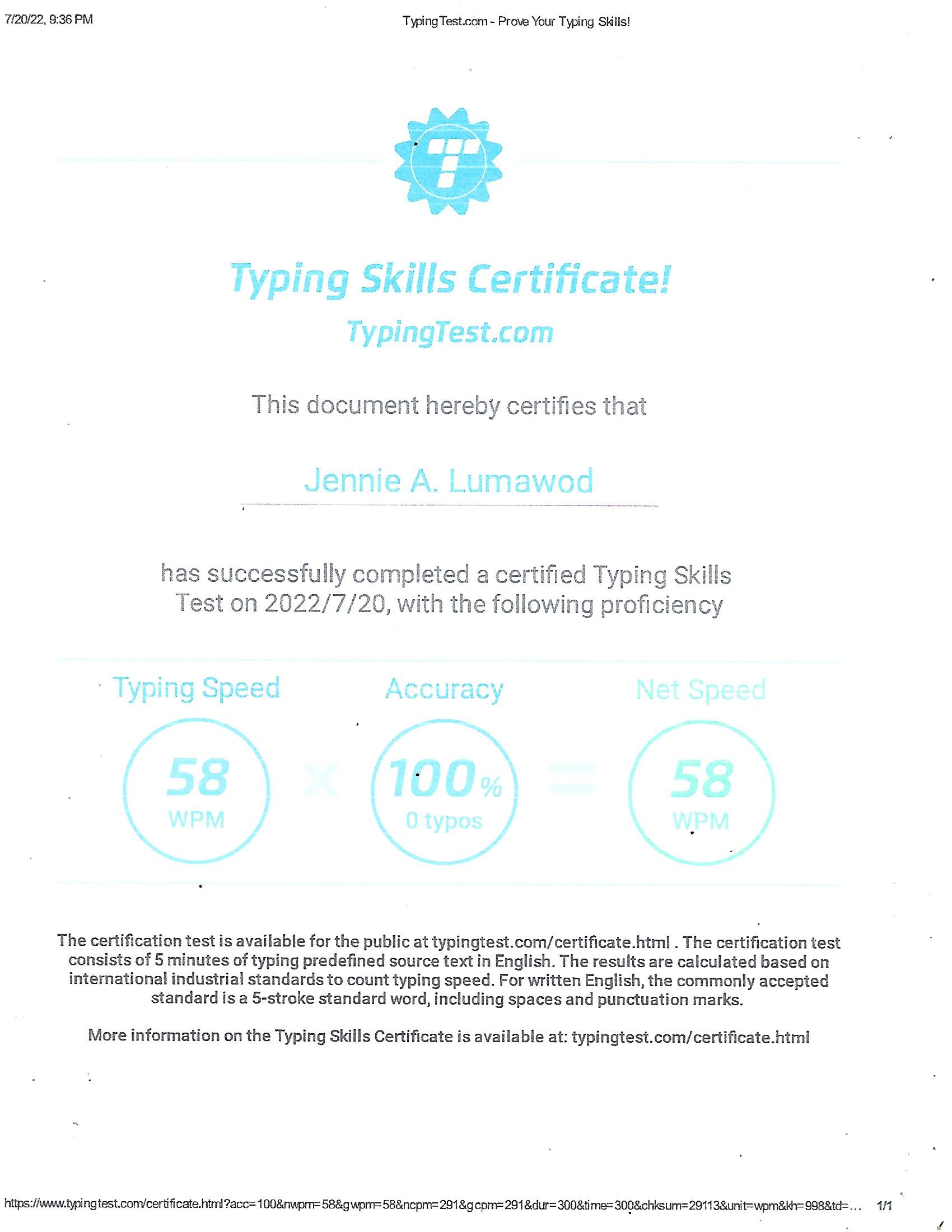 Typing Test Certificate