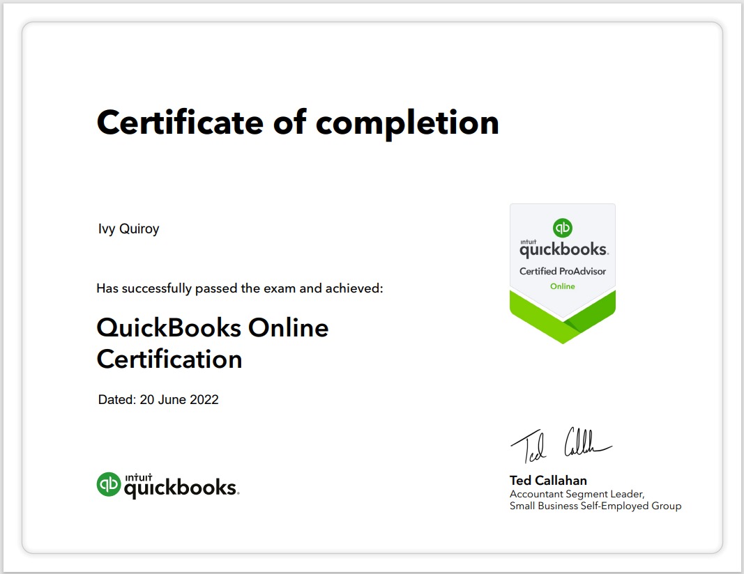 Quickbooks Pro Advisor Certificate