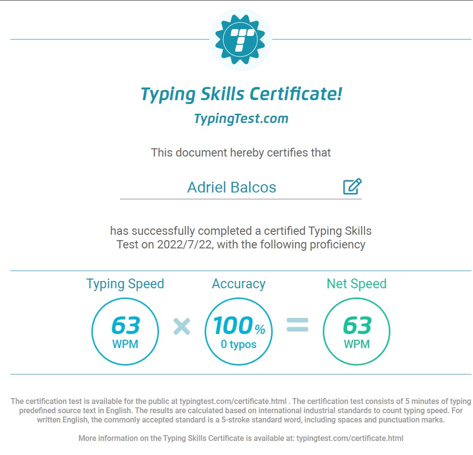 Typing Test Certificate