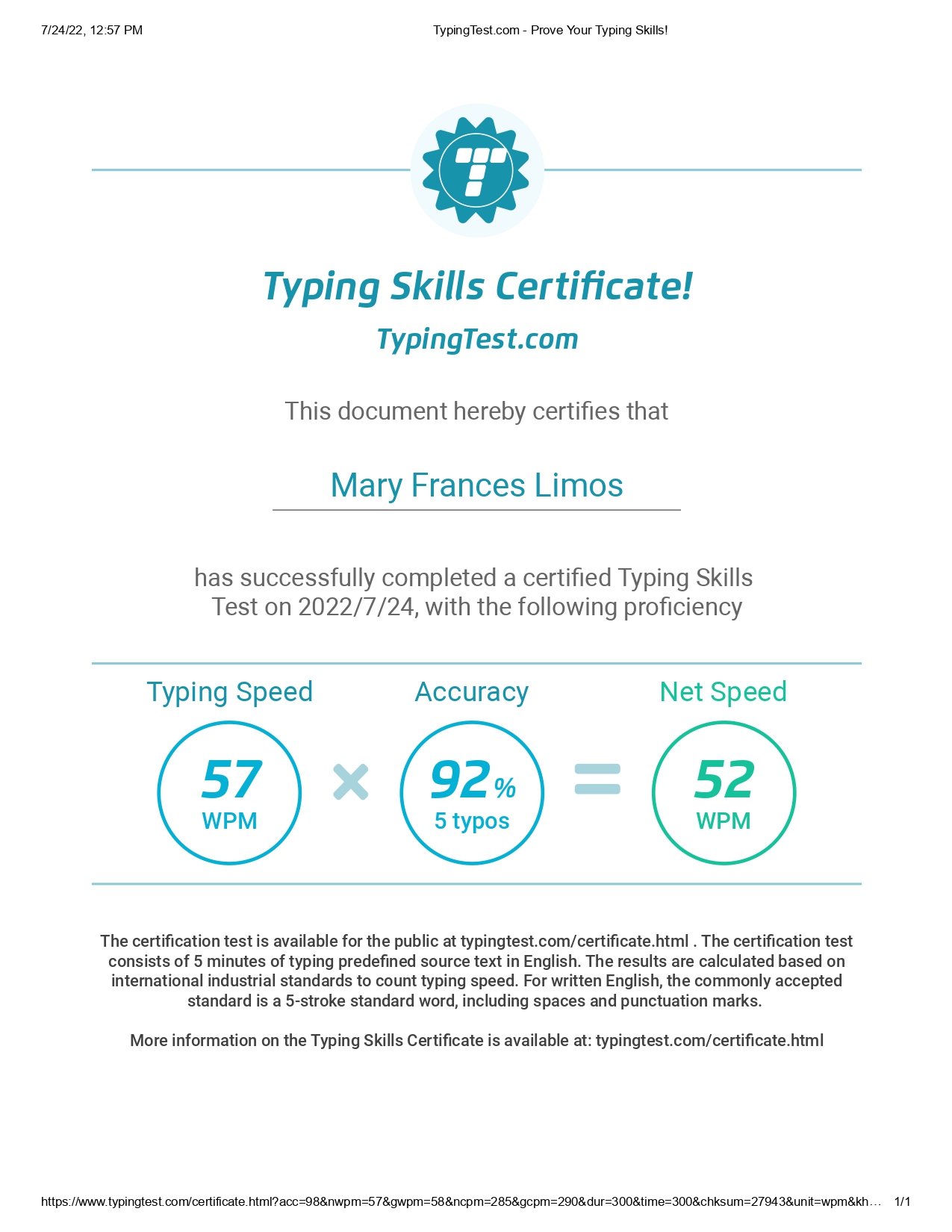 Typing skills Certificate