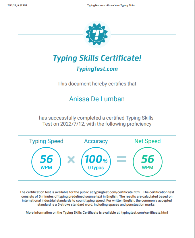 Typing Test Certificate