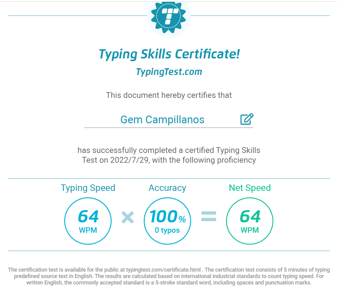 Typing Test Certificate