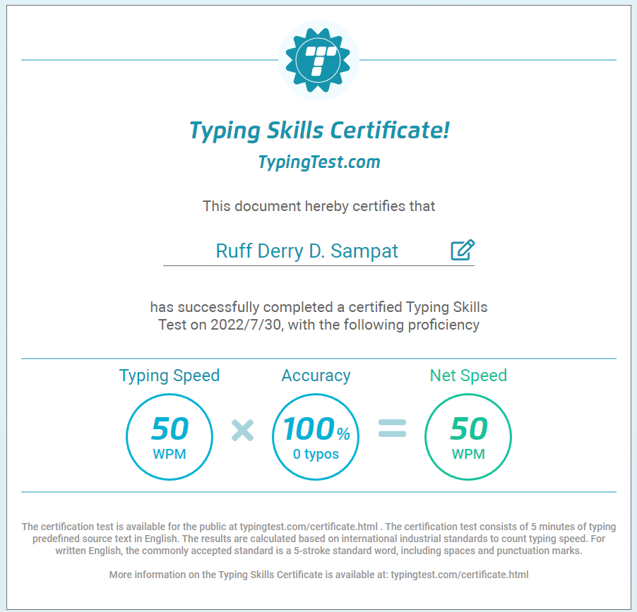 Typing Test Certificate