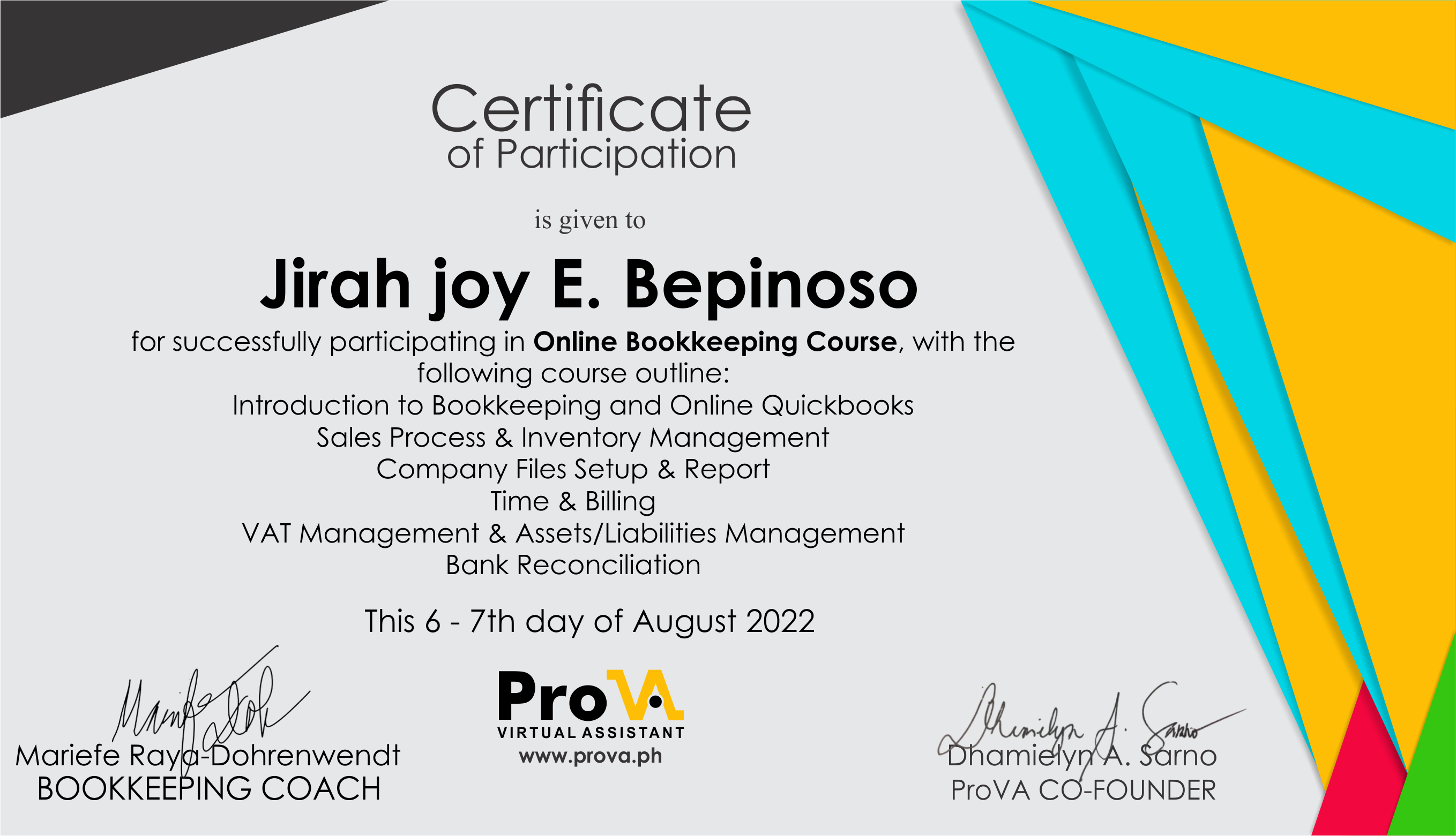 BOOKKEEPING CERTIFICATE