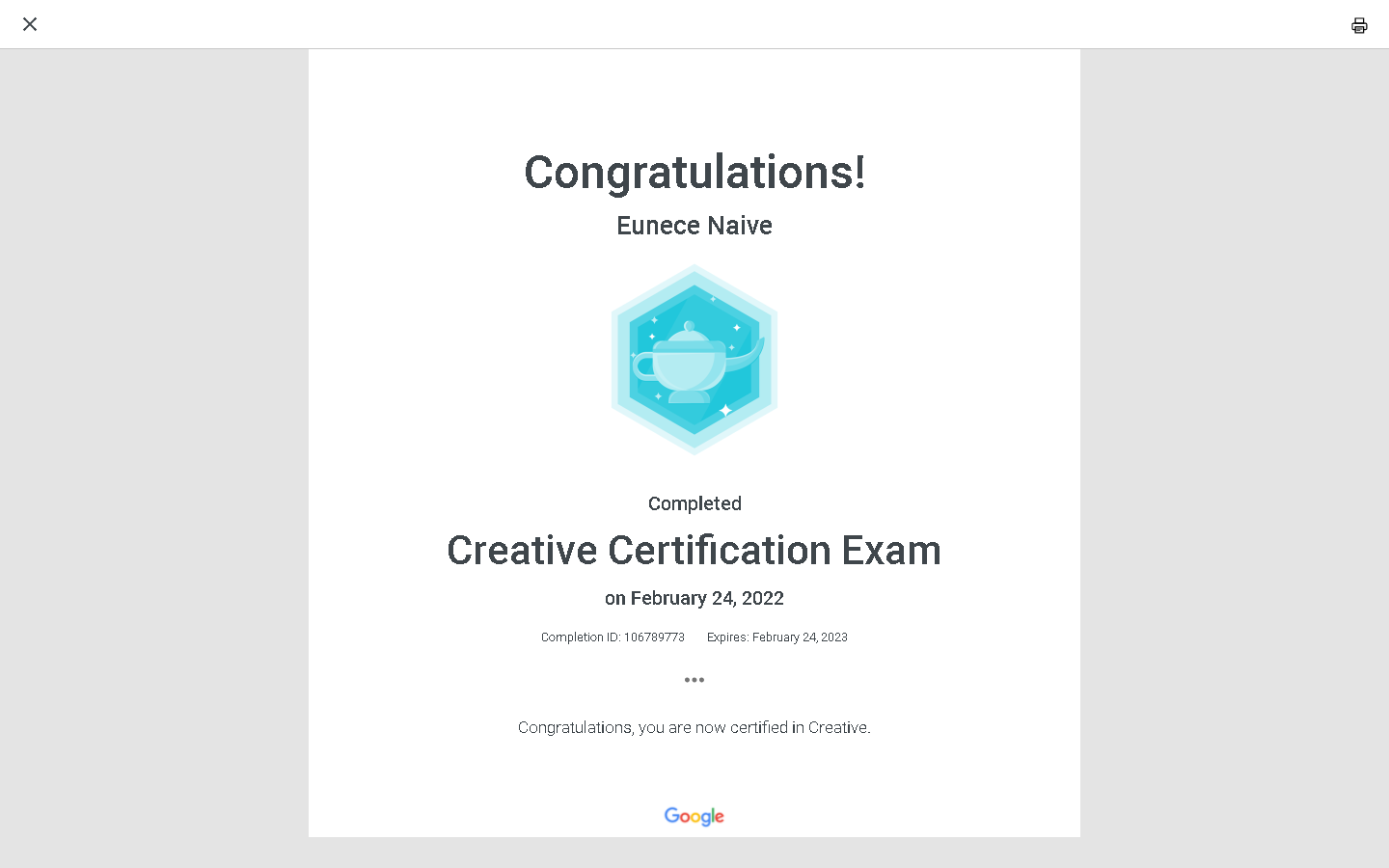 Creative Certification Exam
