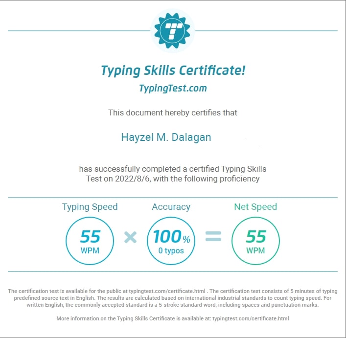 Typing skills certificate