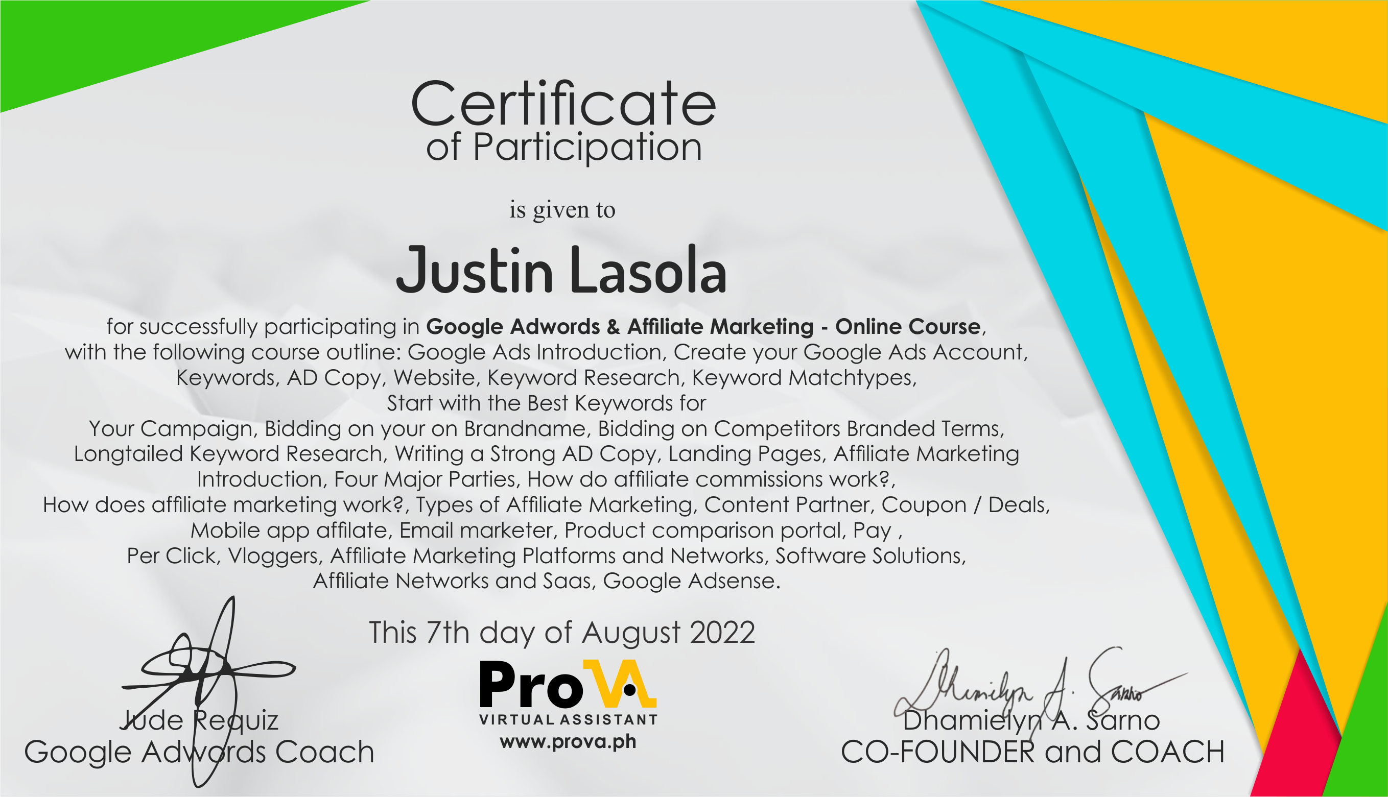 Google Adwords and Affiliate Marketing Certification