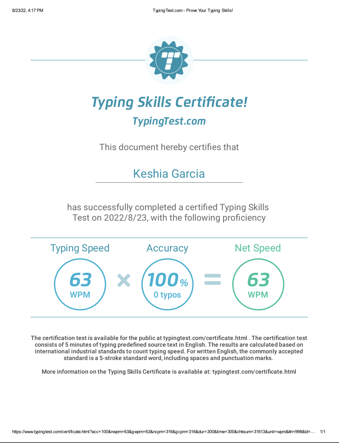 Typing Test Certificate