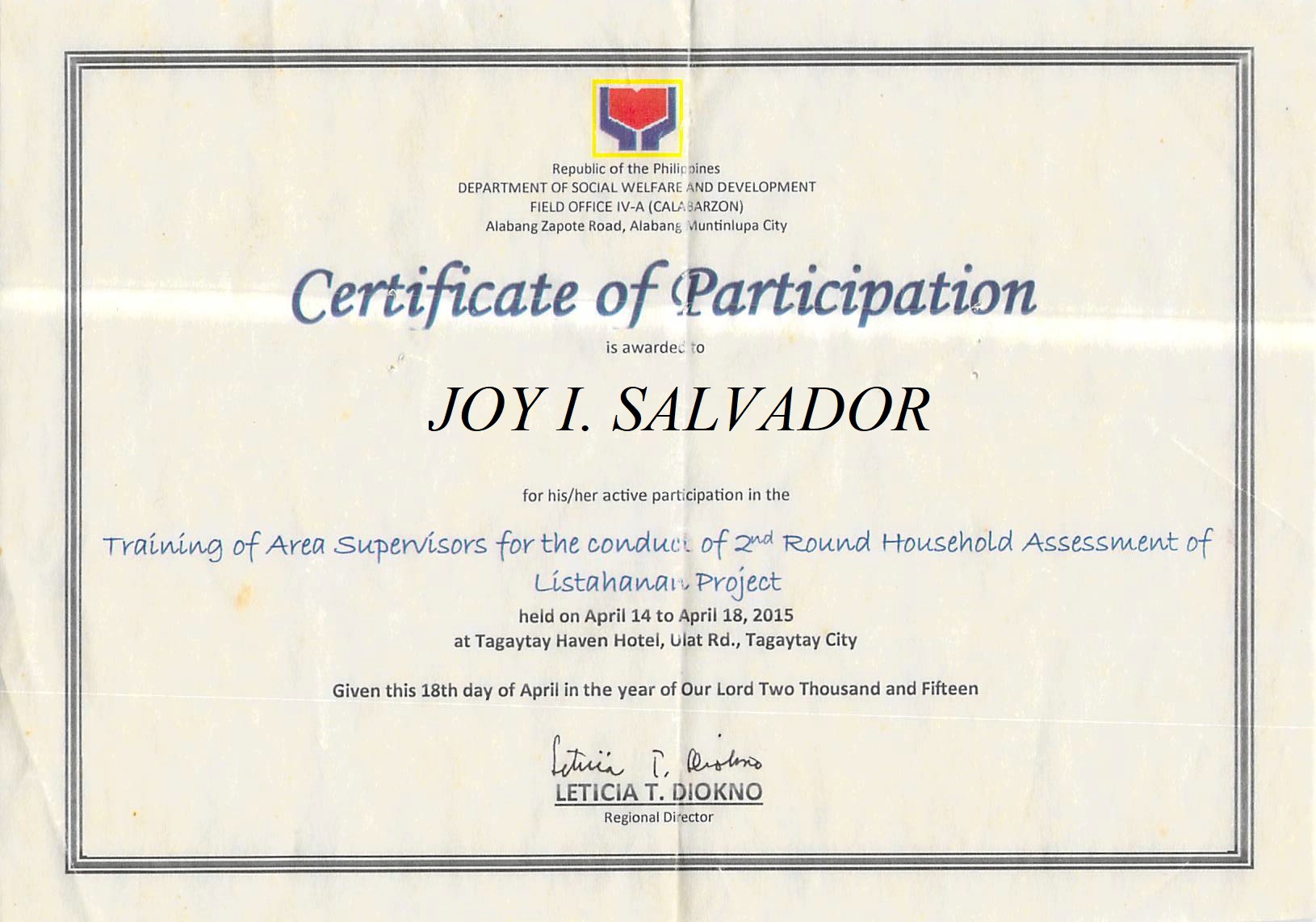 Training of Area Supervisor for the  Conduct of Household Assessment of Listahanan Project