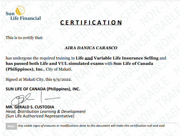 Sun Life Certificate