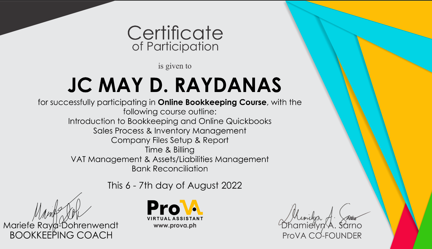 BOOKKEEPING CERTIFICATE