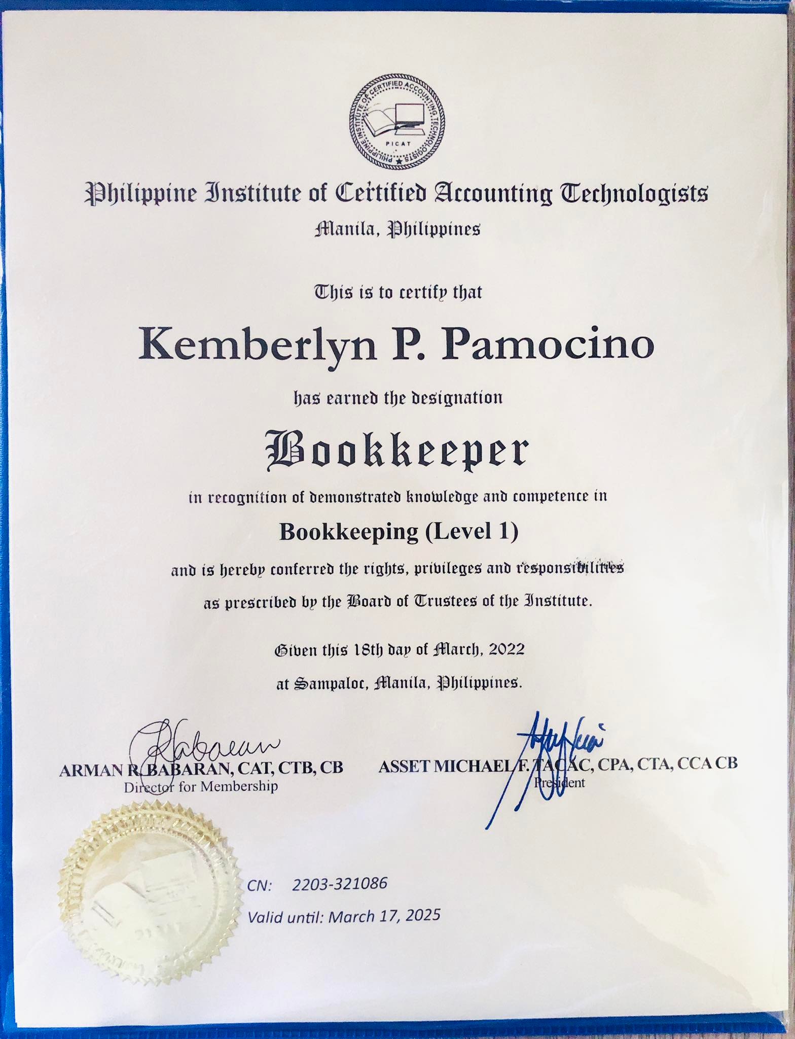 BOOKKEEPING CERTIFICATE