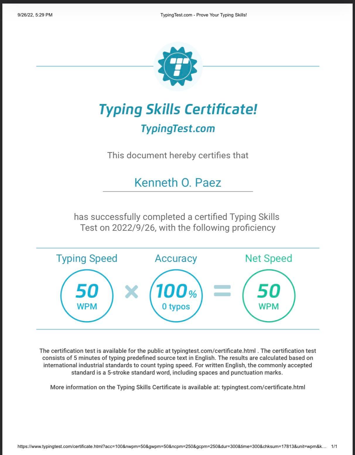 Typing skills certificate