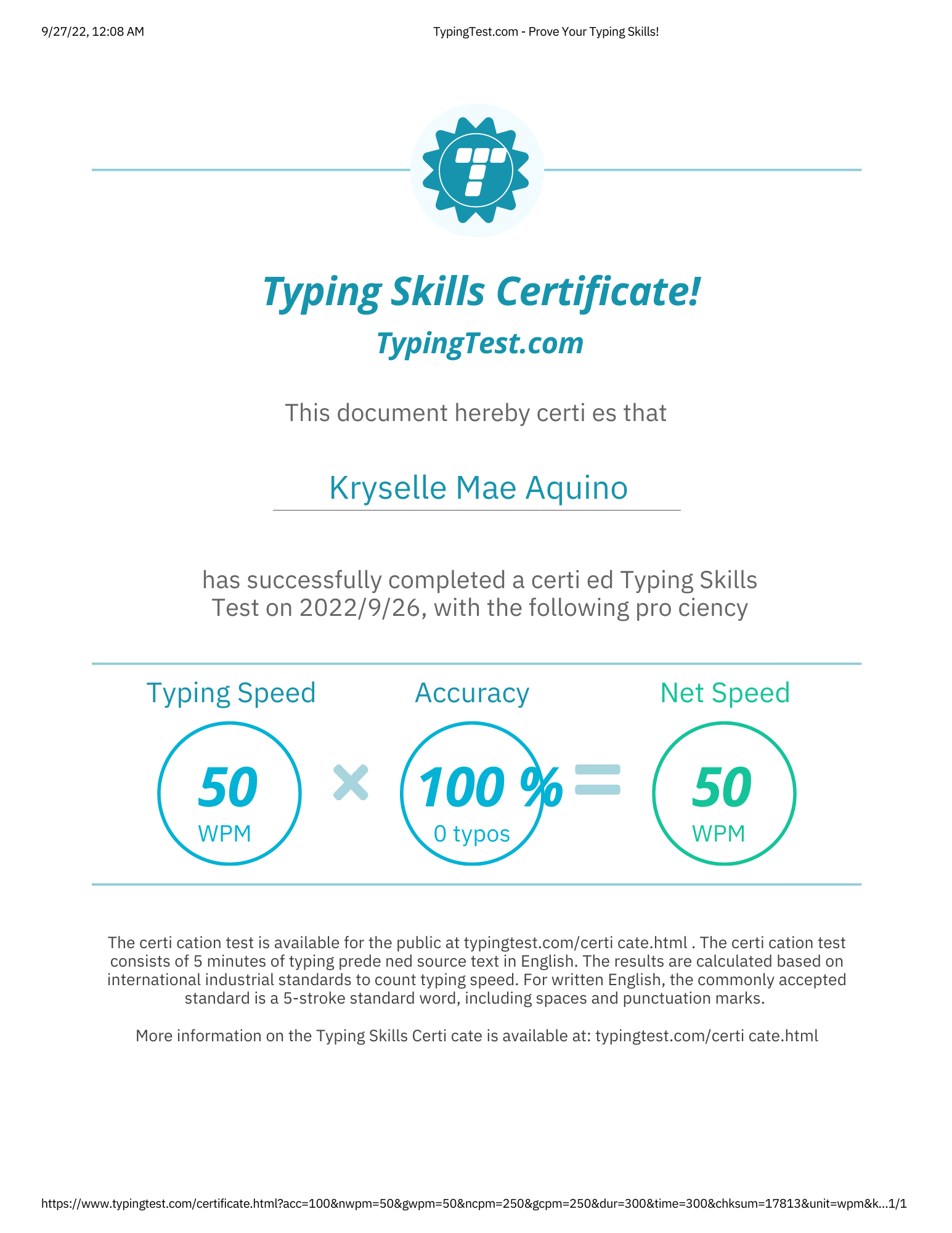 Typing Test Certificate