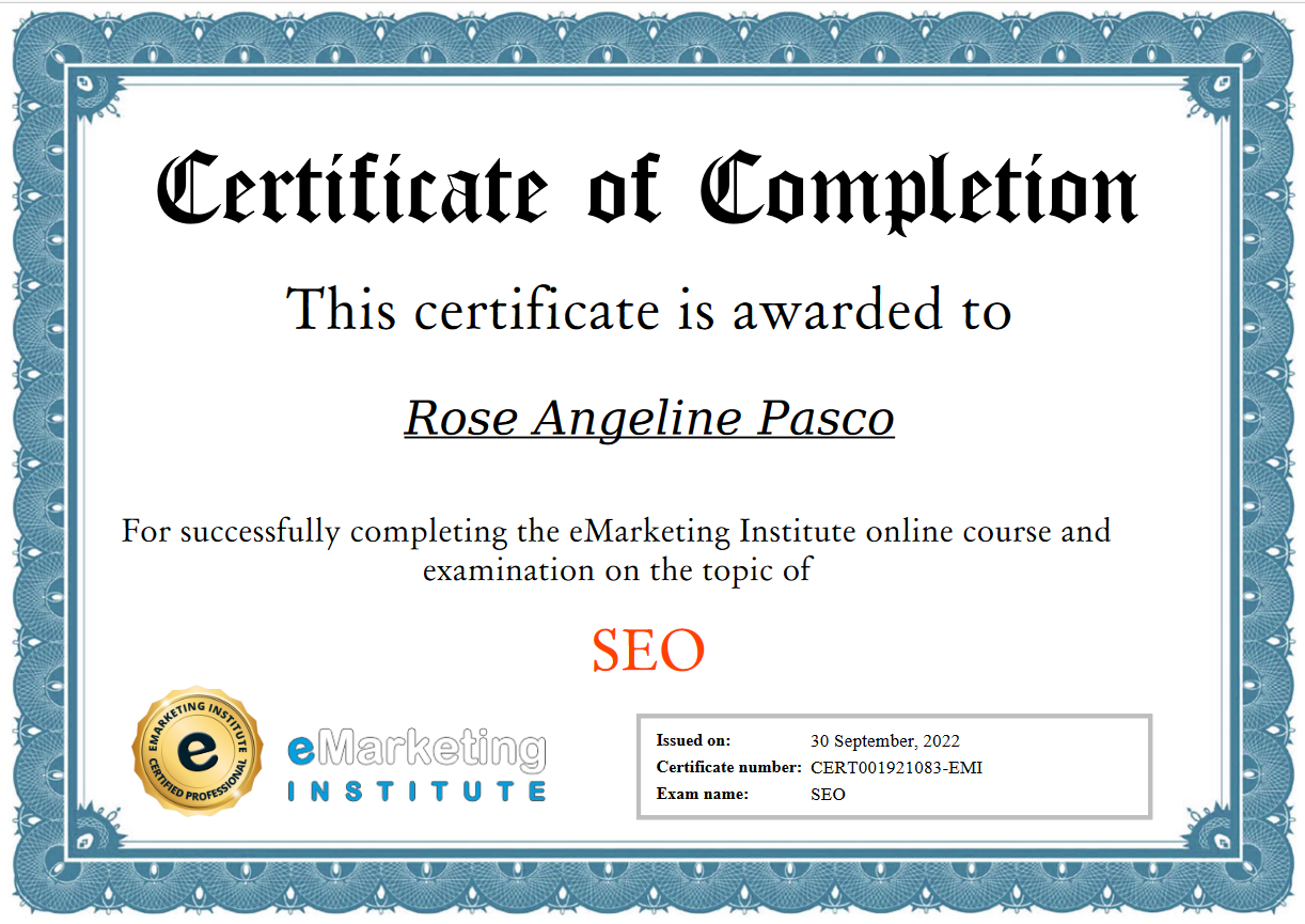 eMarketing SEO certificate